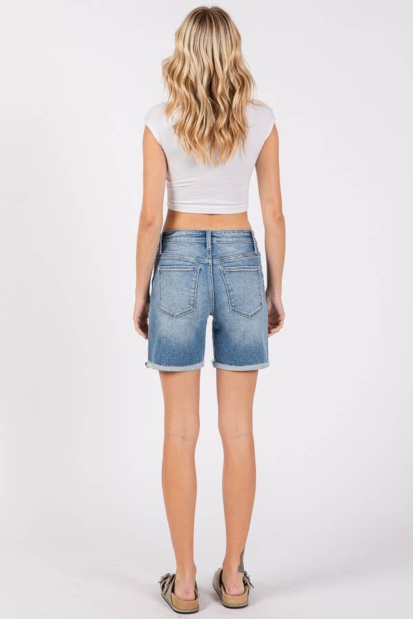P1329R-MD MID RISE STRETCH 7-INCH MIDI SHORTS W/ CUFFED HEM