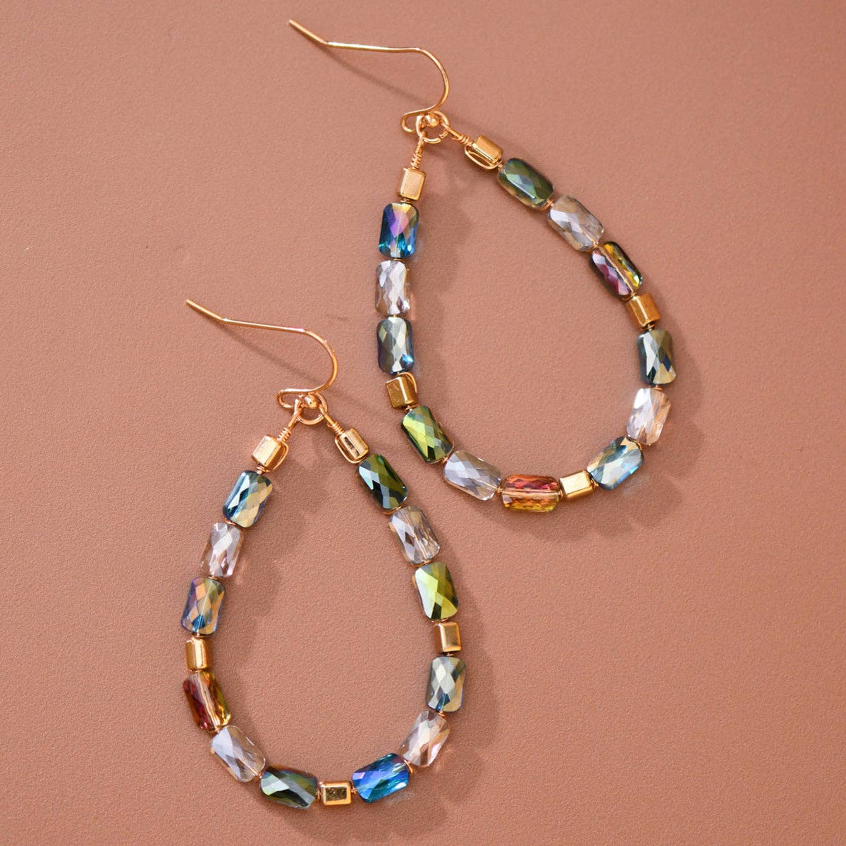 Teardrop Wire Beaded Glass Crystal Earrings - 8179: S0OX3T8179 Green Mix