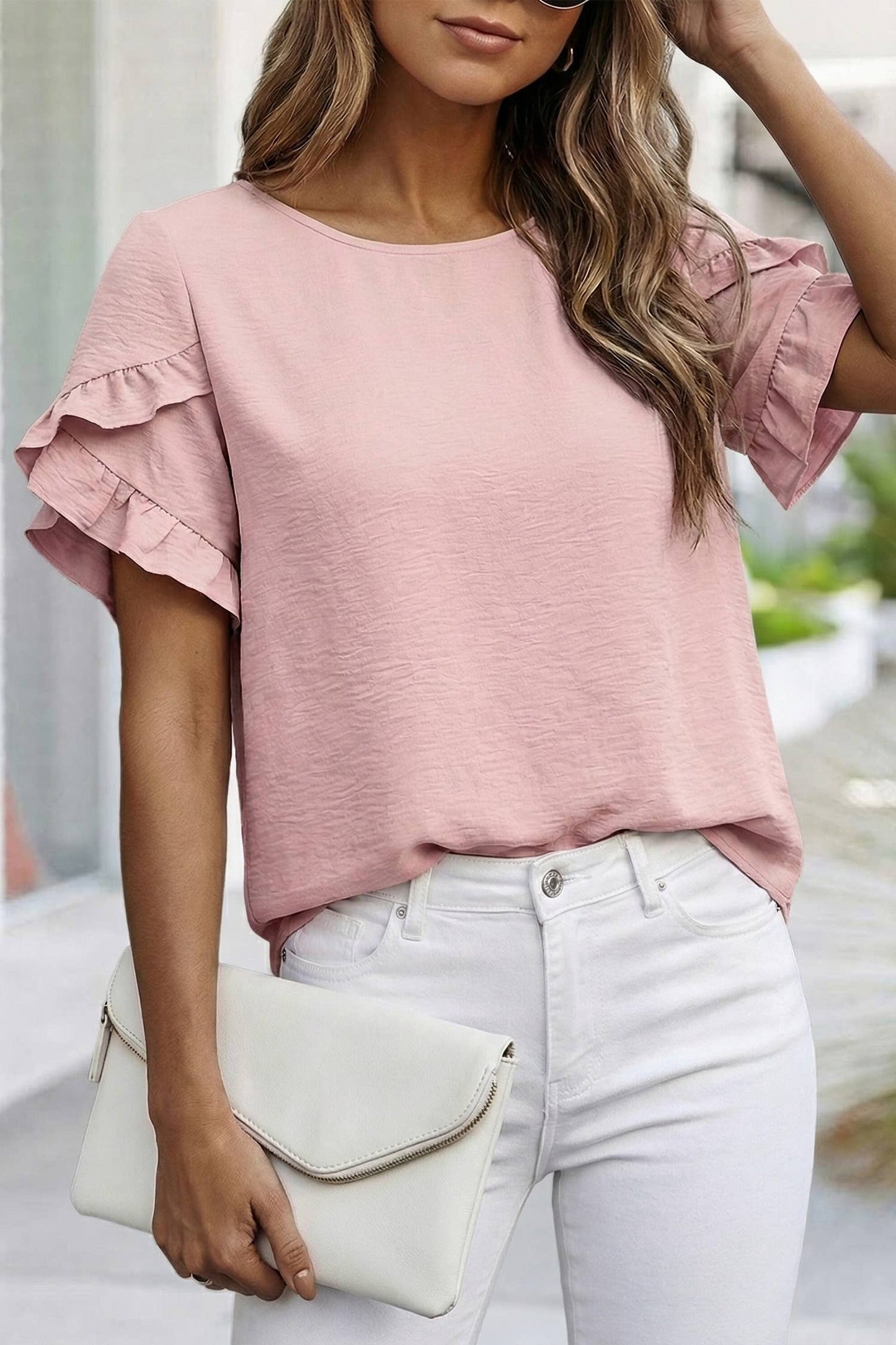 Solid Ruffle Trim Short Sleeve Blouse