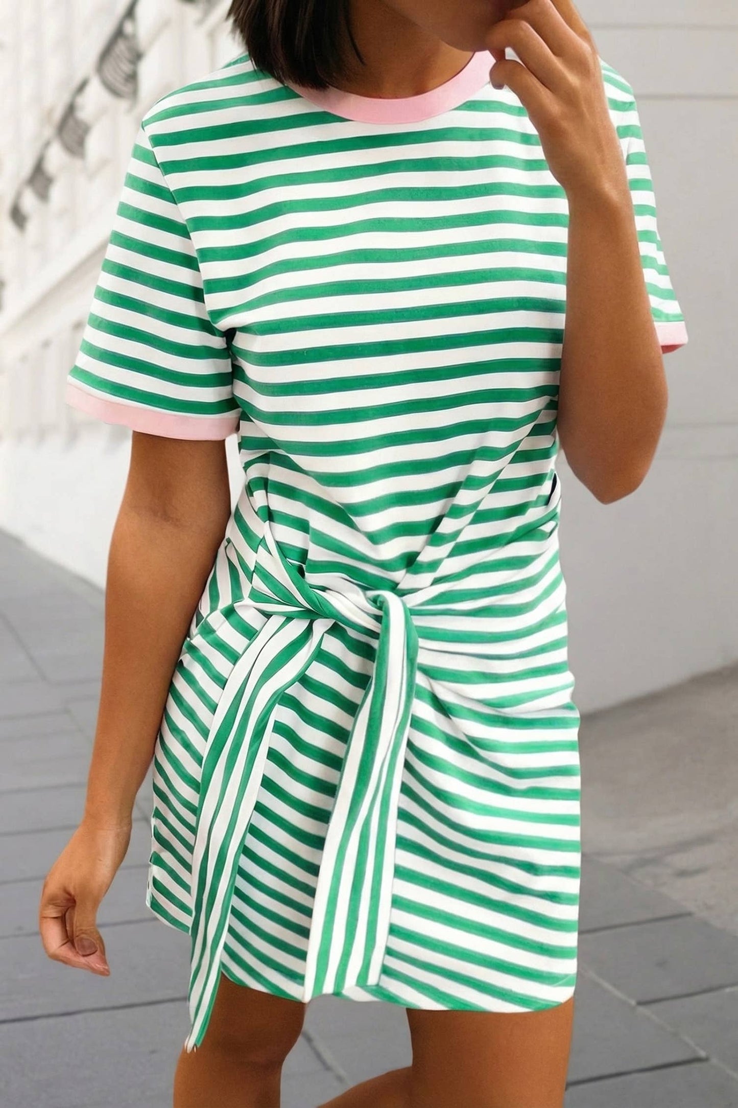 Striped Print Tie Waist T Shirt Mini Dress