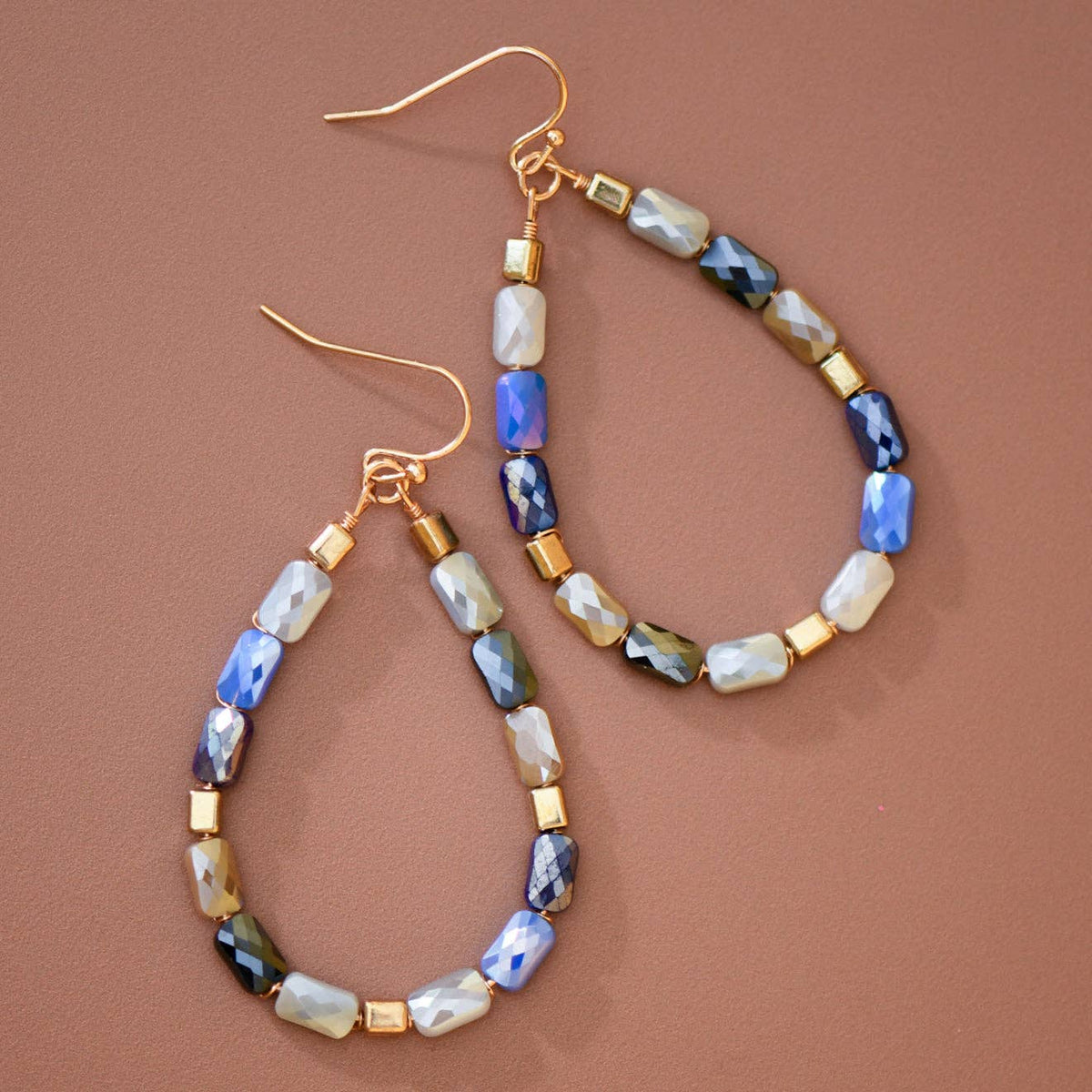 Teardrop Wire Beaded Glass Crystal Earrings - 8181: S0OX3T8181 Blue Mix