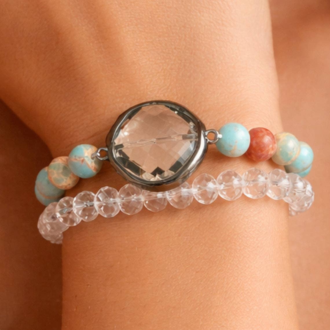 Aqua Terra Jasper Stone Bracelet Set with Faceted Centerpiece – 8057: S0OX3T8057