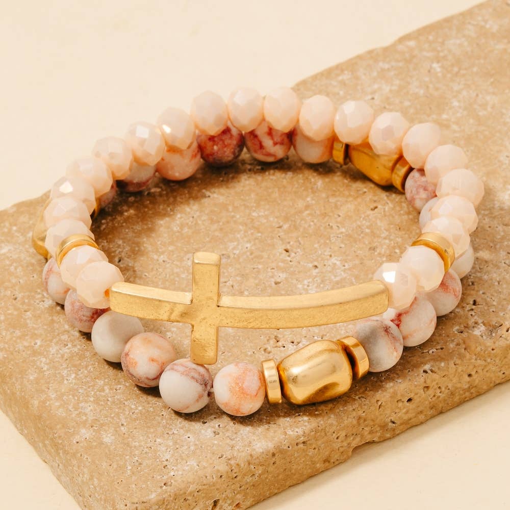 Cross Charm Stone Beaded Bracelet Set: LPEWG
